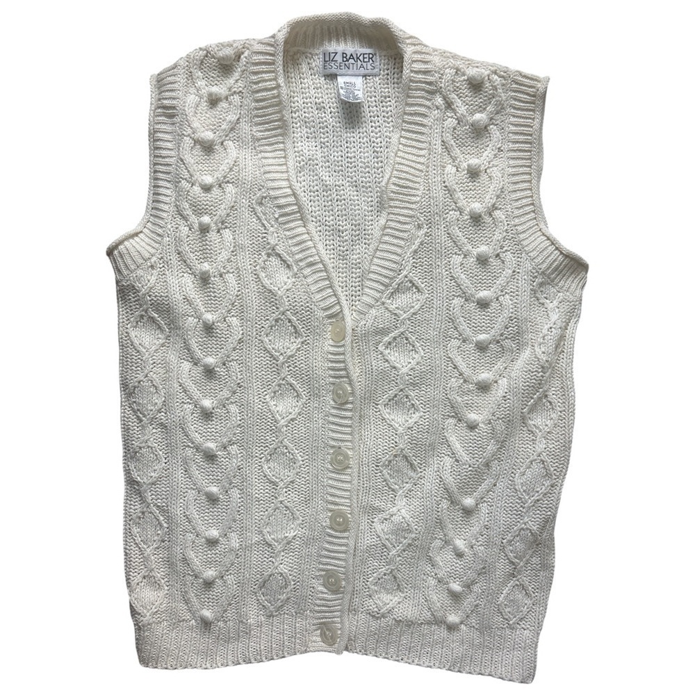 Vintage 90's Cable Knit Cream sweater vest with Pom poms - Small